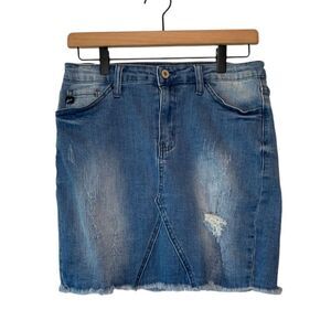 Kancan Jeans Skirt Women Blue Mini Pencil Denim Distressed Raw Hem Juniors 27